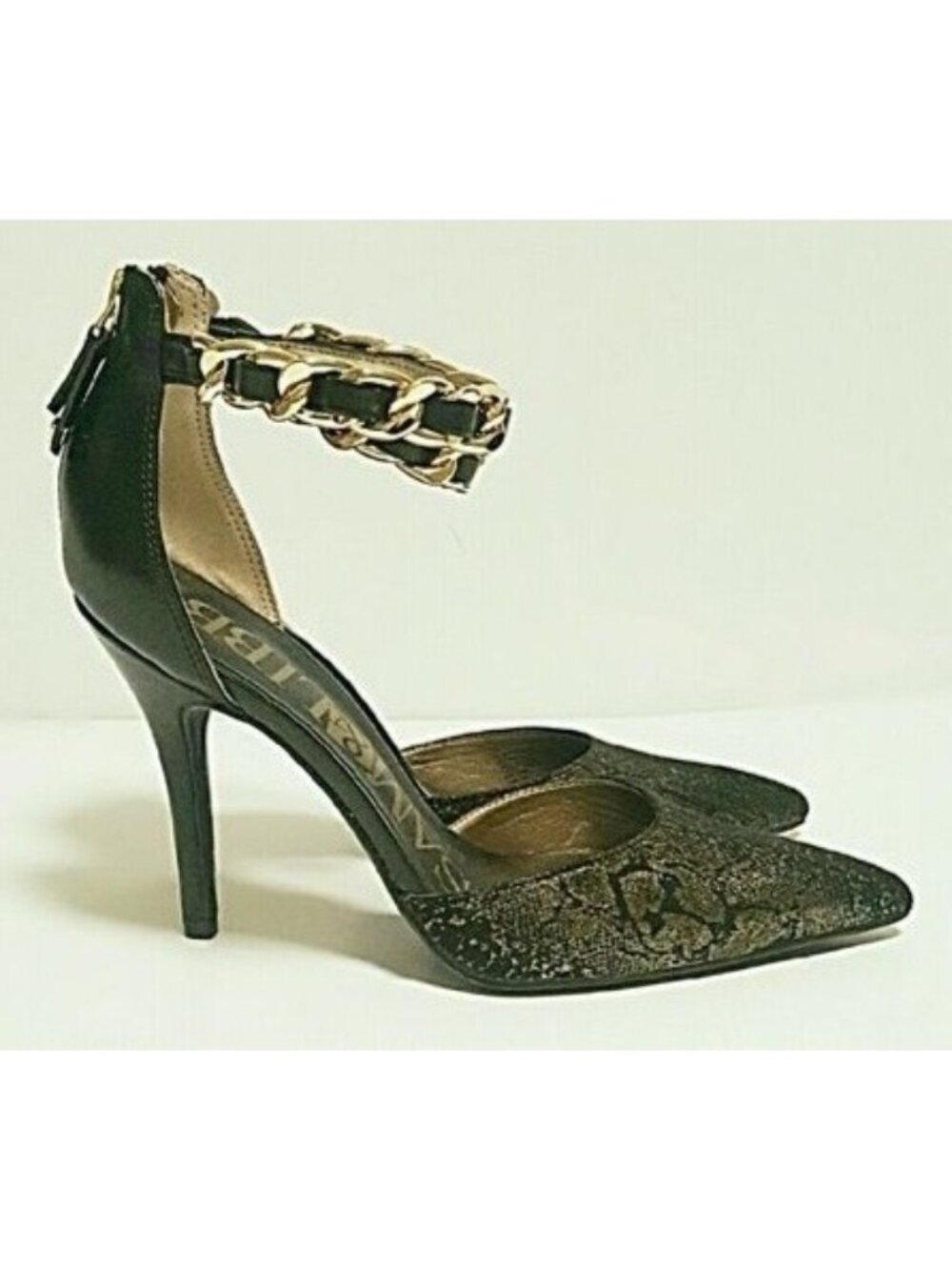 Sam & Libby Black/Gold Snake Print Ankle Chain Stiletto Heels Pumps Women's Sz 8 - Picture 2 of 13